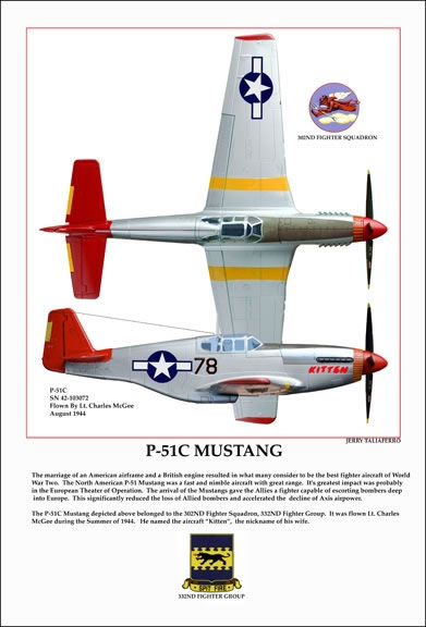 "Lt. McGee P-51B/C "Kitten"" Tuskegee Airmen Print by Jerry Taliaferro